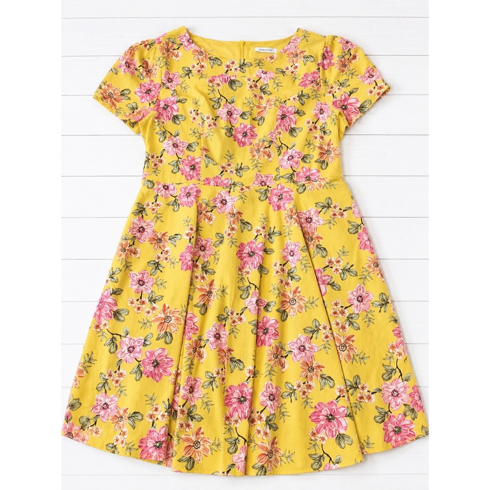Tagunop‎ Yellow Floral Fit and Flare Dress 2XL Short Sleeve Cotton Blend Retro